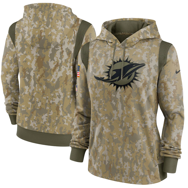 Women's Miami Dolphins 2021 Camo Salute To Service Therma Performance Pullover Hoodie(Run Small)